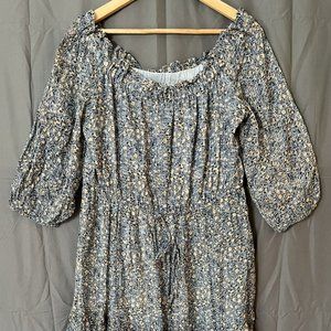 Anthropologie Women's Blue Silver Orange Floral Farmcore Peasant Dress